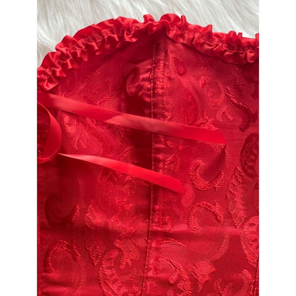 Women Red Victoria Style Satin Bustier Corset Floral Brocade Ruffled Trim 4XL - Picture 2 of 12